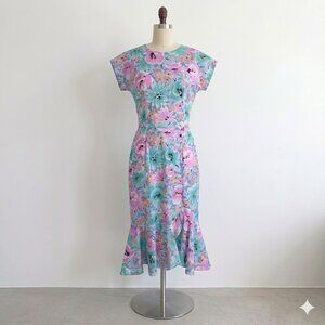 SOLD Vintage 80's 40's Pastel Floral Curvy Floral Midi Dress